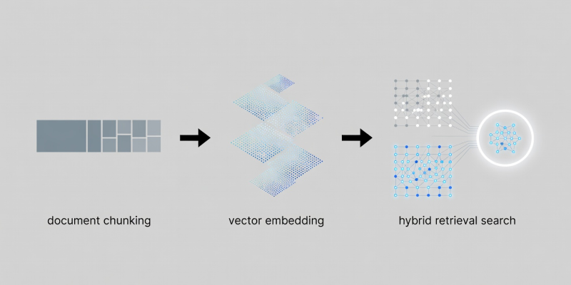 Diagram showing document chunking, vector embedding, and hybrid retrieval search
