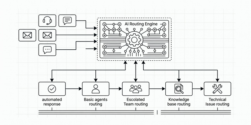 Technical schematic of customer support AI routing architecture
